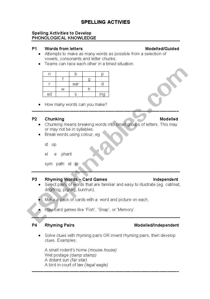 spelling activities worksheet