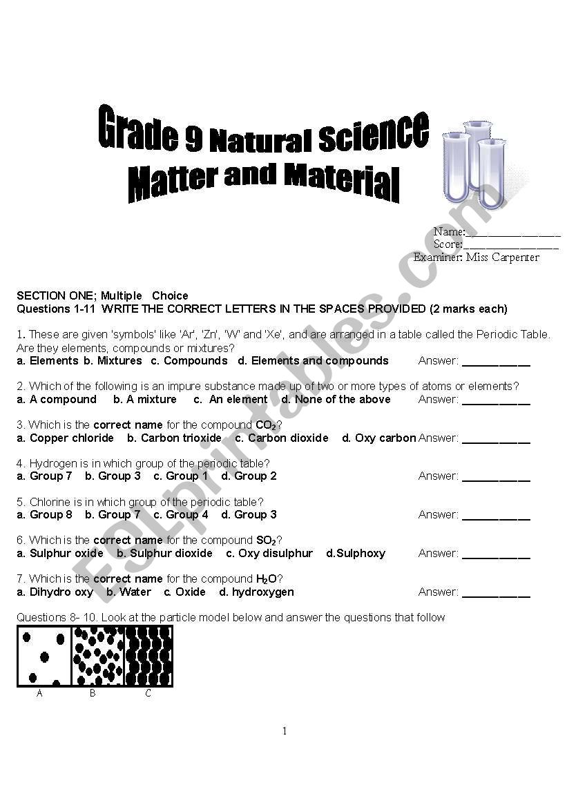 Matter and material worksheet