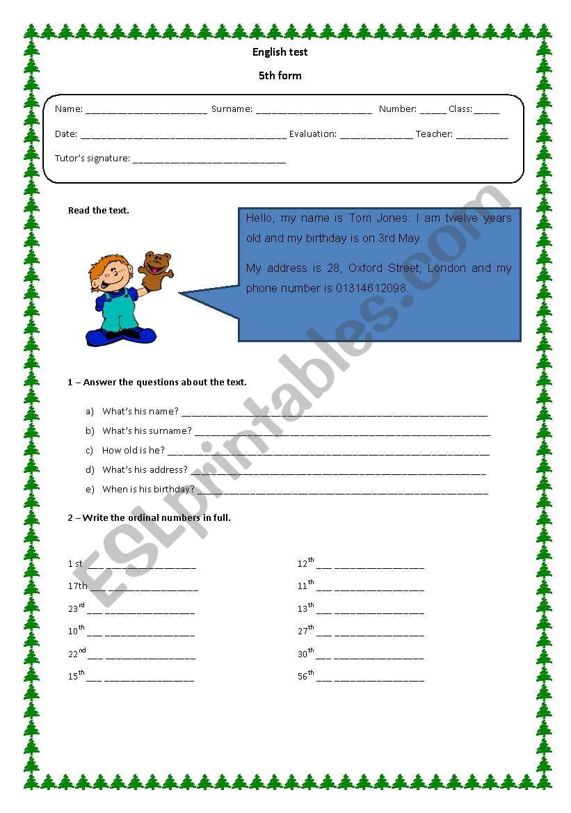 English written test worksheet