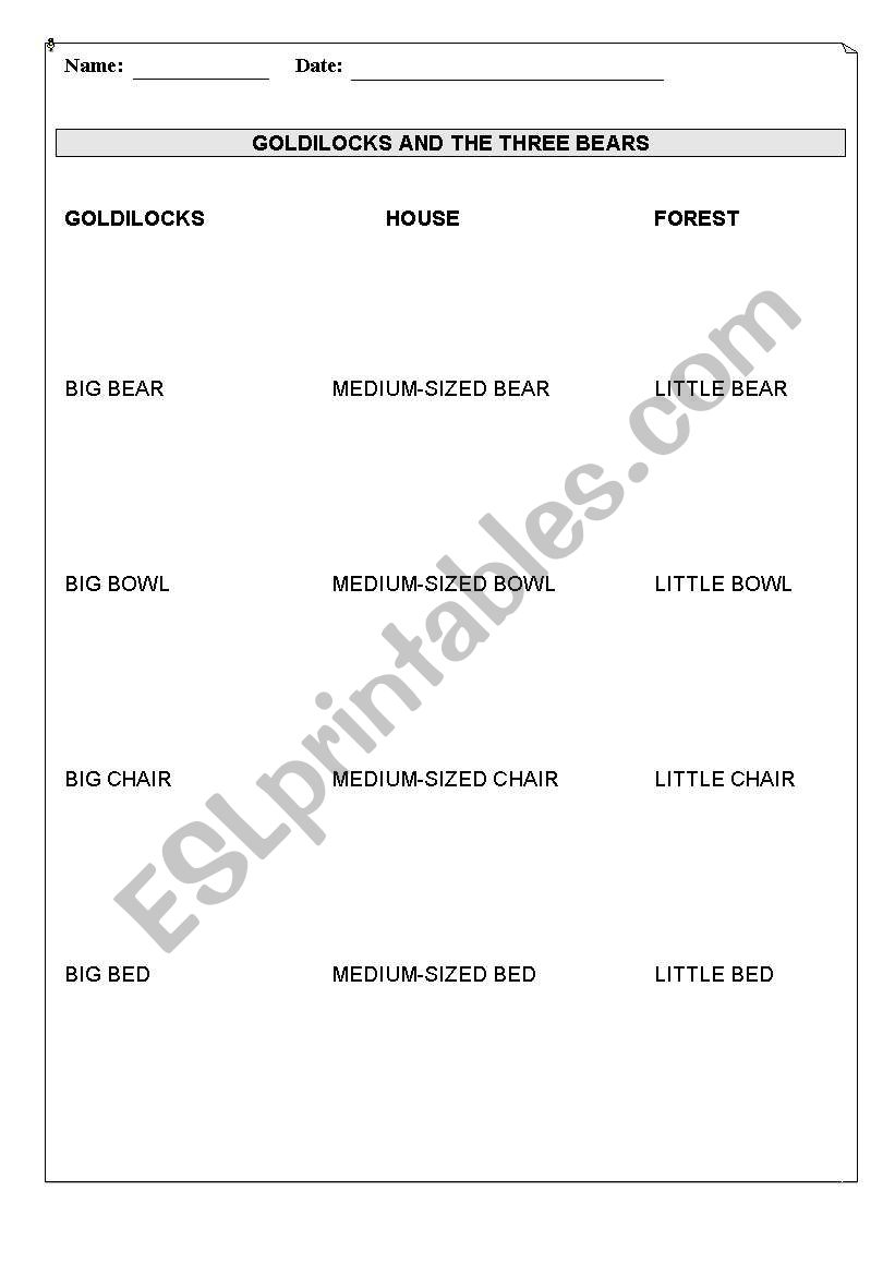 GOLDILOCKS VOCABULARY worksheet