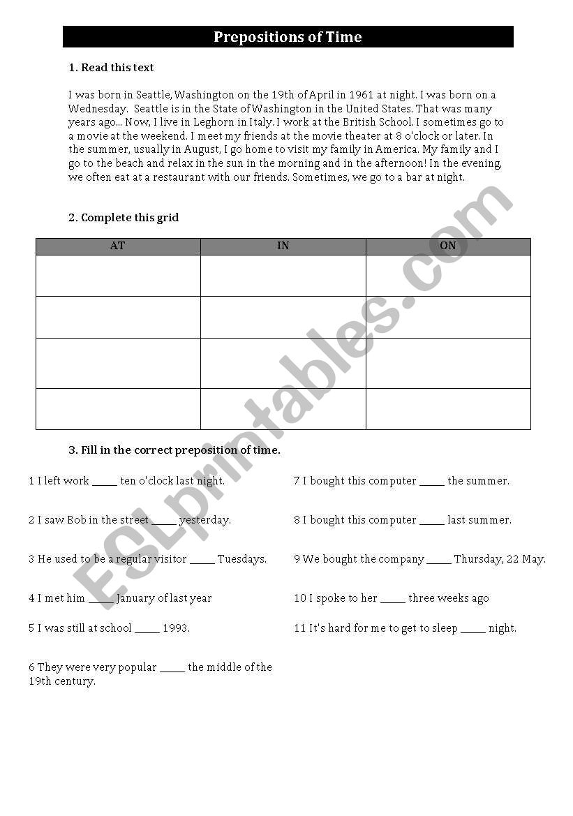 Prepositions of time worksheet