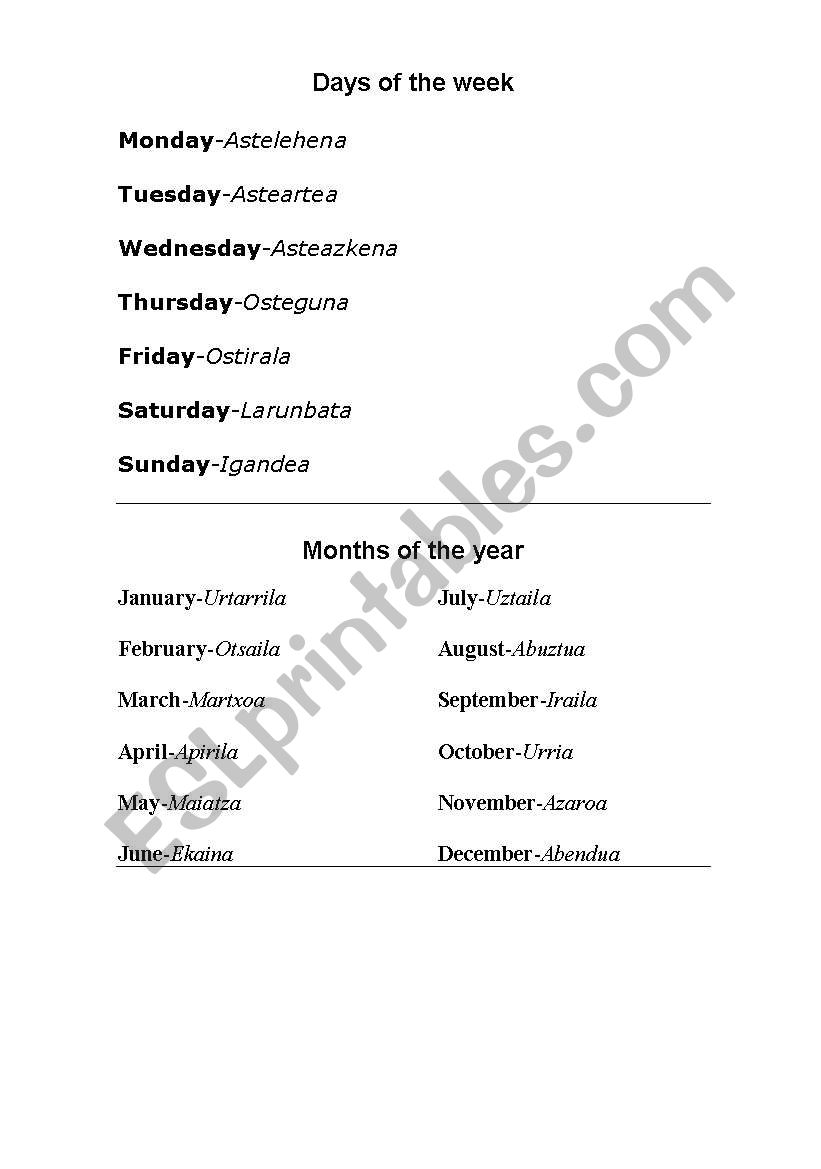 DAYS AND MONTHS worksheet