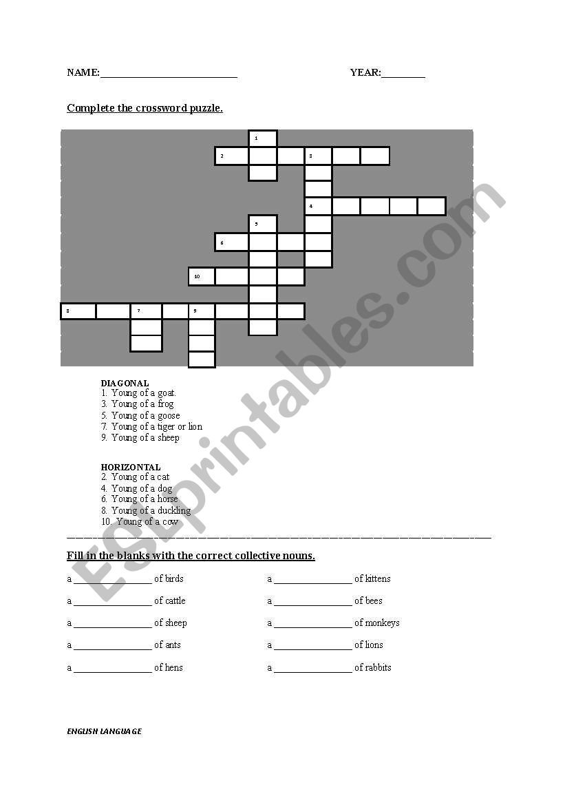 crossword puzzle - animals and its young