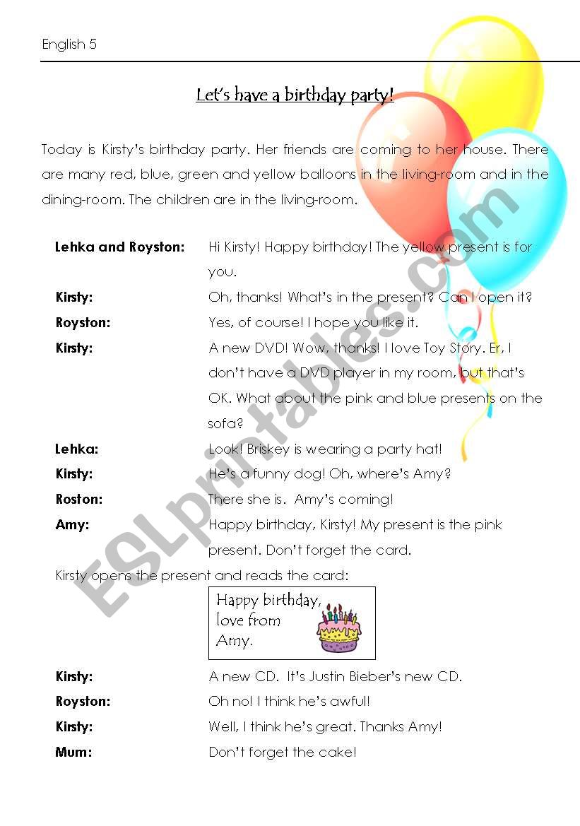 Lets have a birthday party reading with tasks
