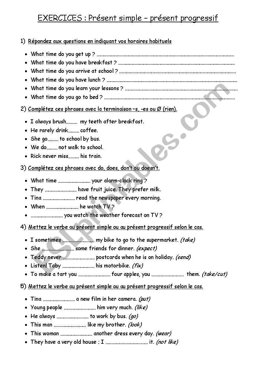 Prsent simple et progressif worksheet