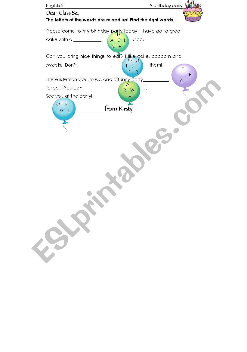 Birthday vocabulary worksheet