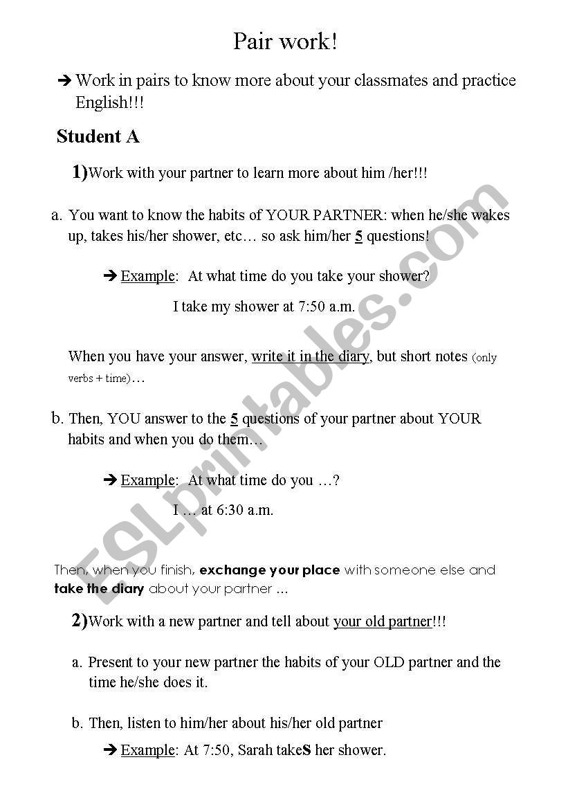 Pair work on habits and time worksheet