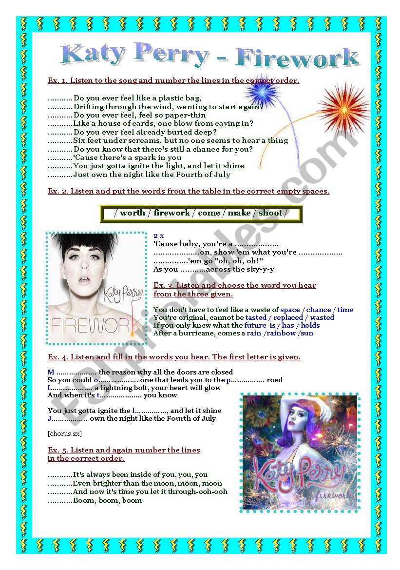 Song - Katy Perry - Firework worksheet