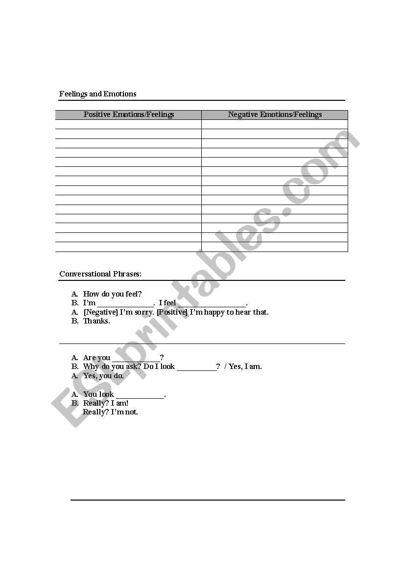 Feelings and Emotions worksheet