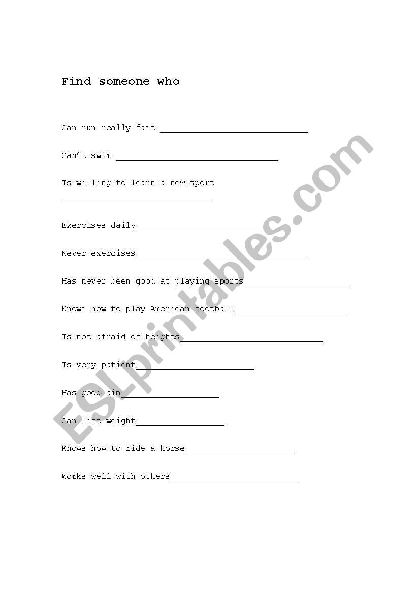 Sports - Find someone who worksheet