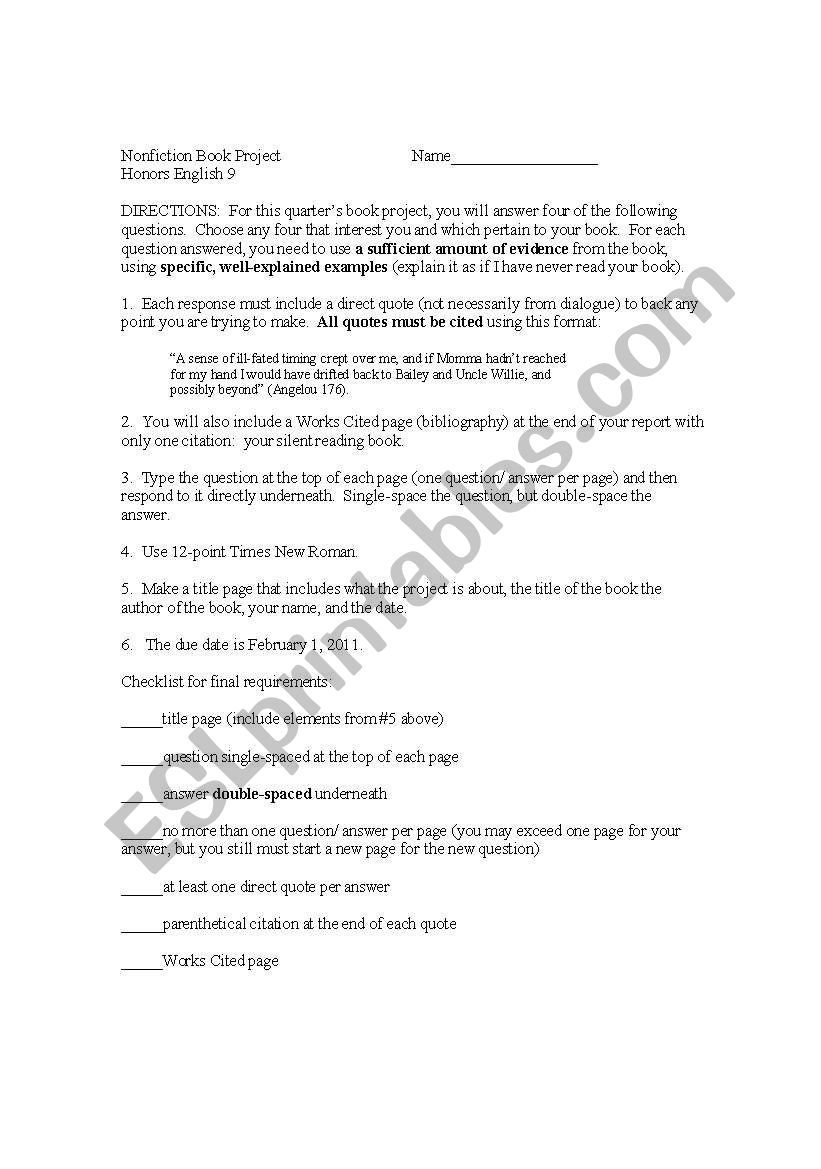 Nonfiction Book Report worksheet