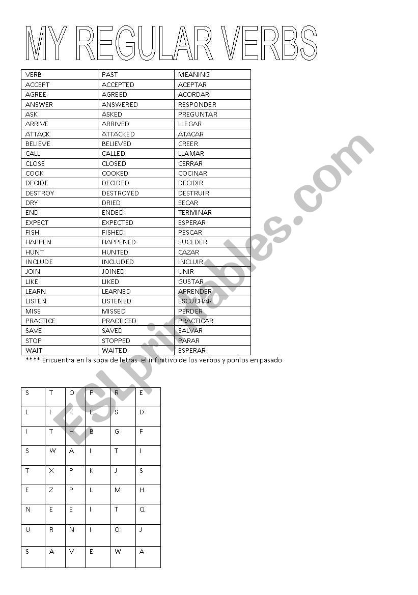 Regular Verbs list worksheet