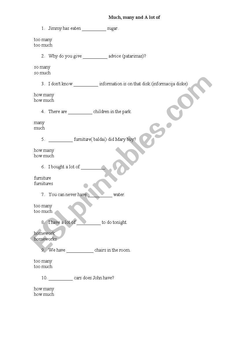 Much,many or a lot of worksheet