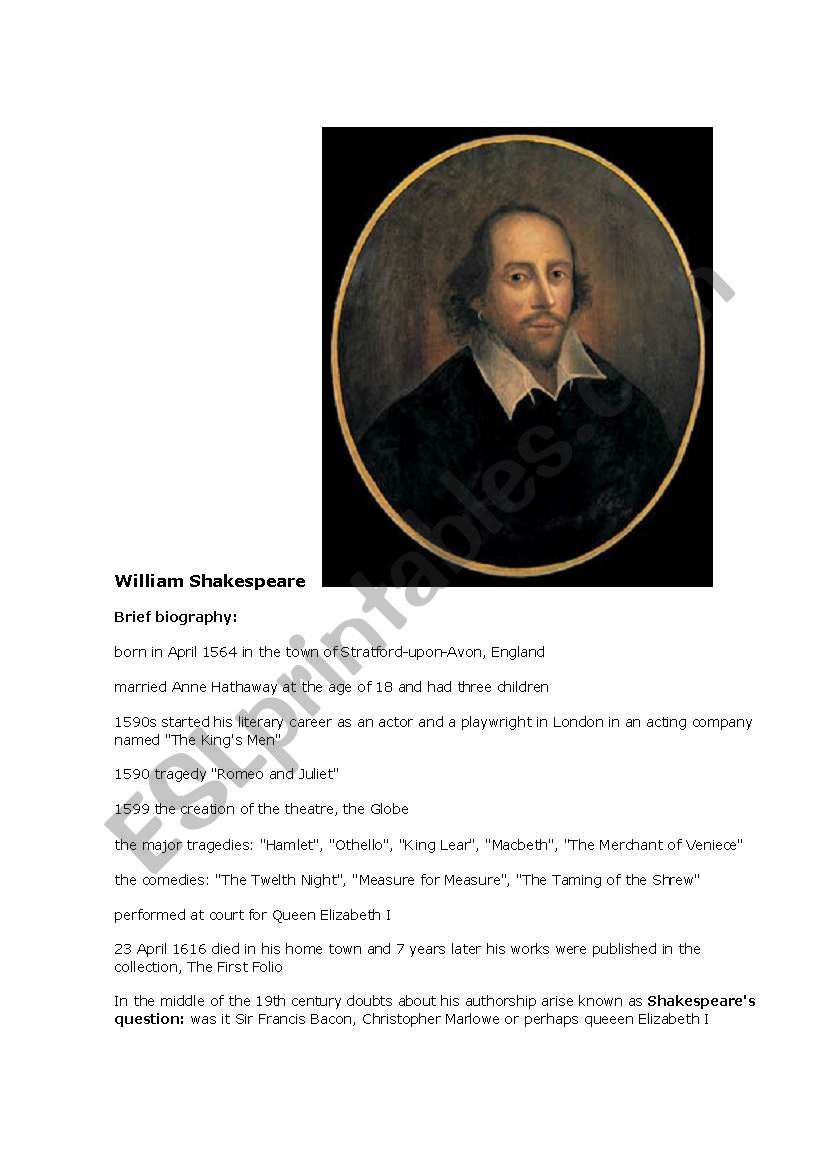 William Shakespeare worksheet