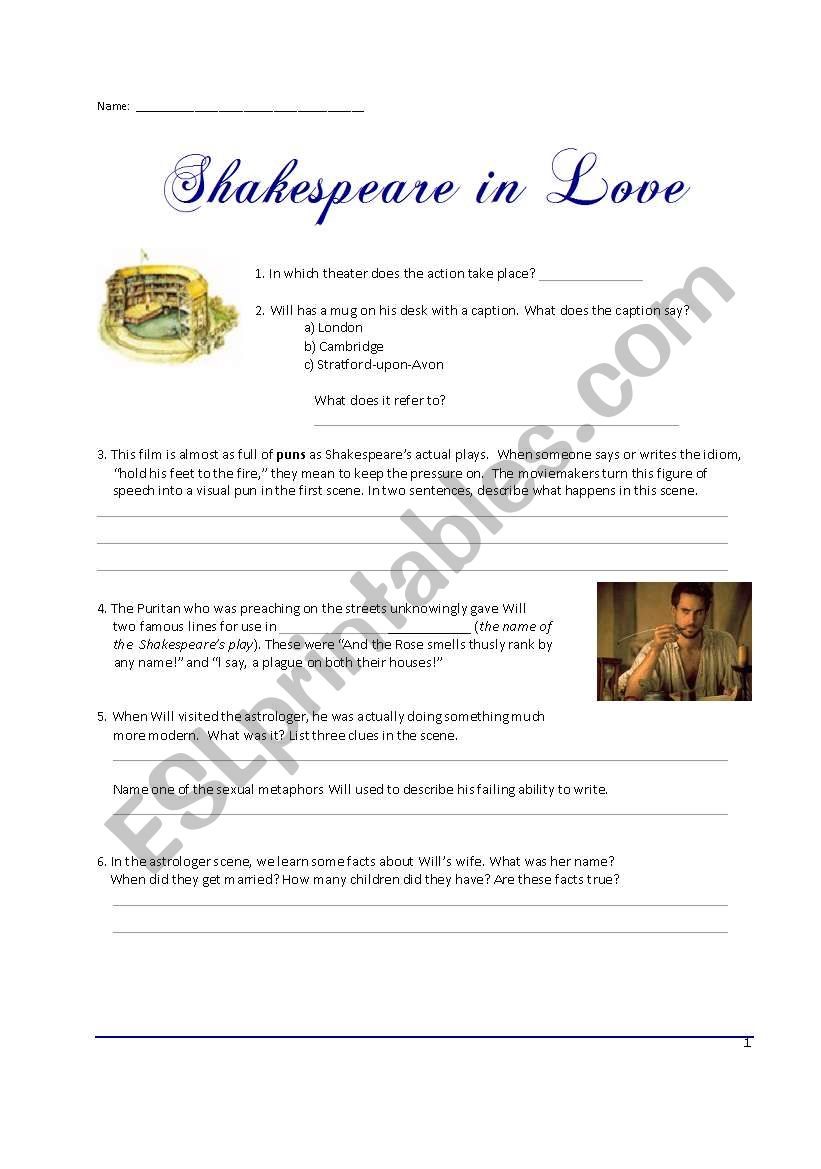 Shakespeare in Love movie worksheet