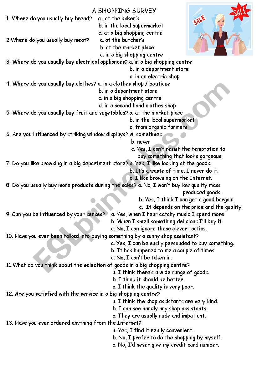 A shopping survey worksheet