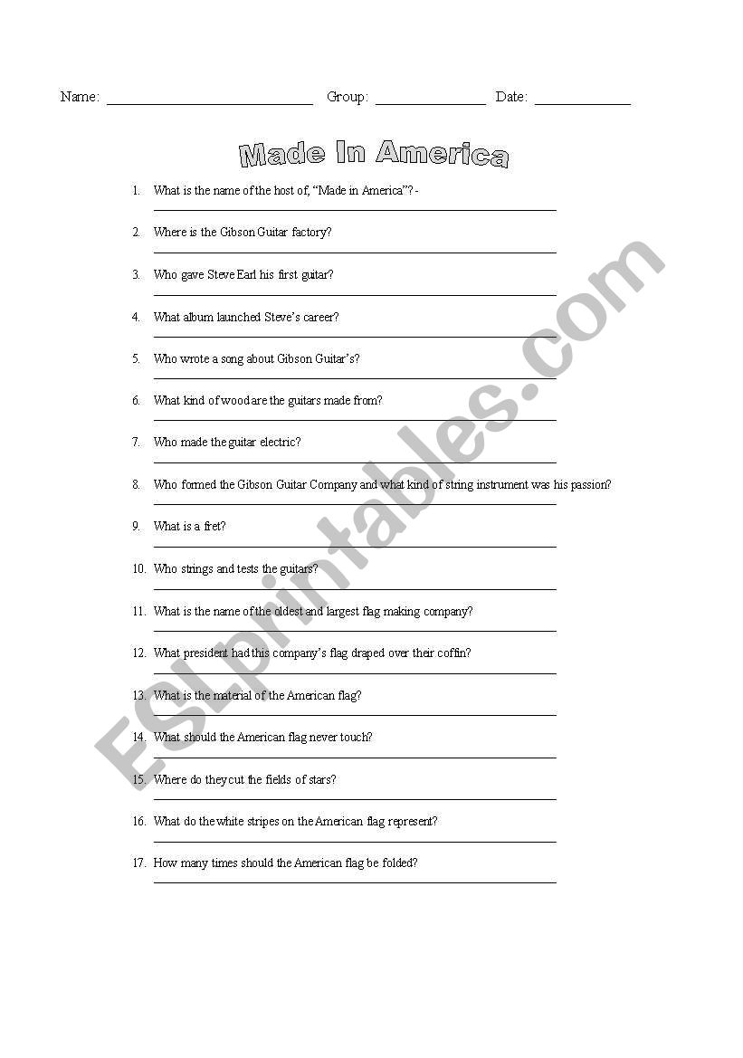 Made In America worksheet