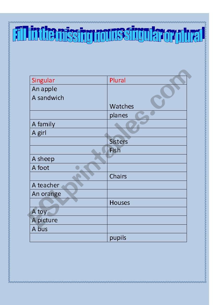 singular and plural of nouns worksheet