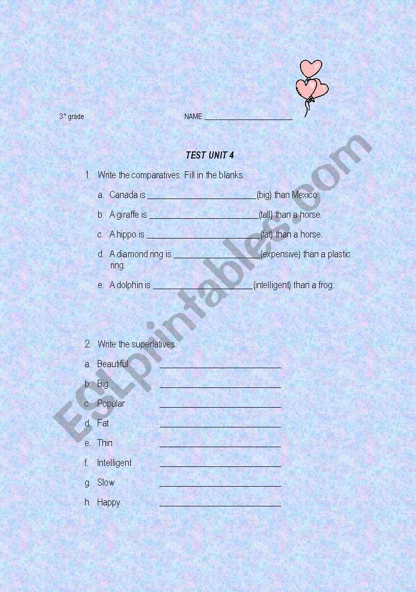 Adjectives 3rd grade test worksheet