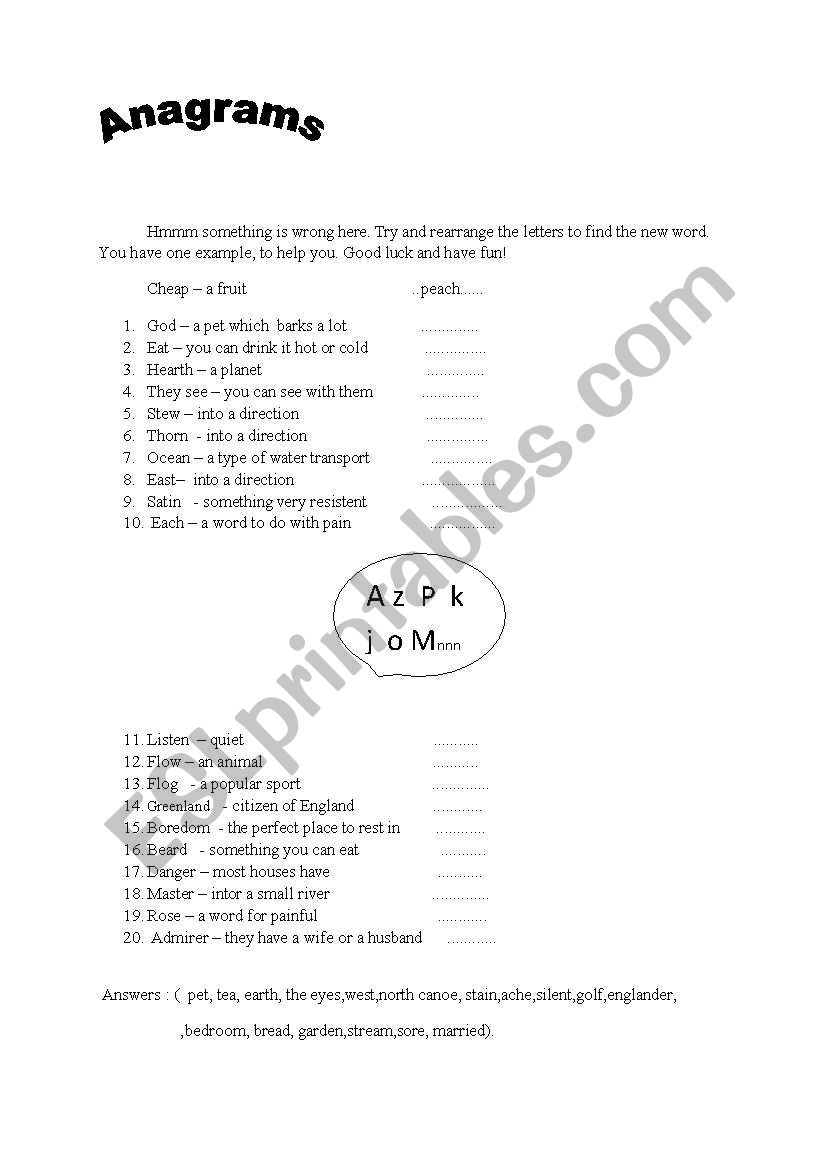 Anagrams worksheet