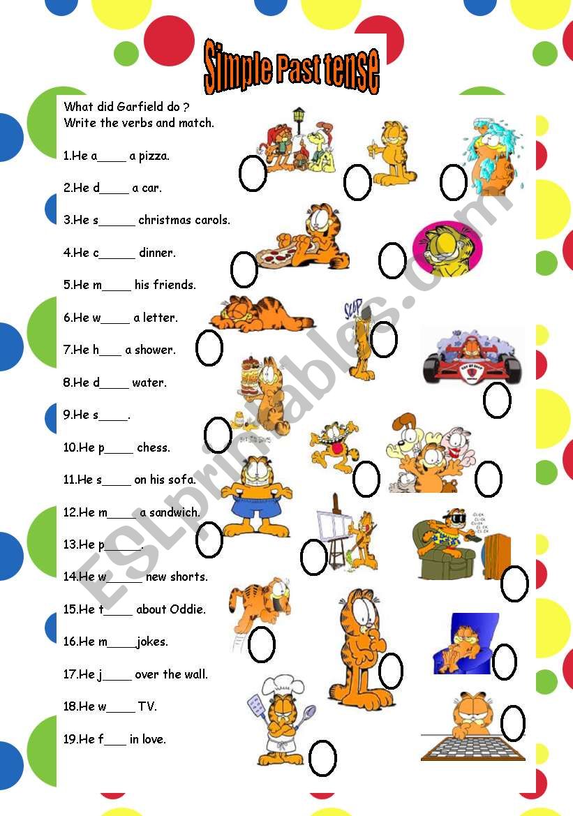 SIMPLE PAST TENSE WITH GARFIELD (19 VERBS) (KEY INCLUDED)