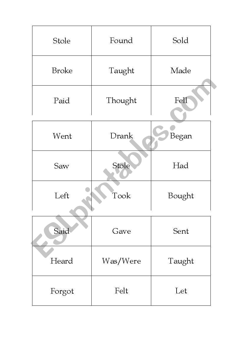 Irregular Past Bingo worksheet