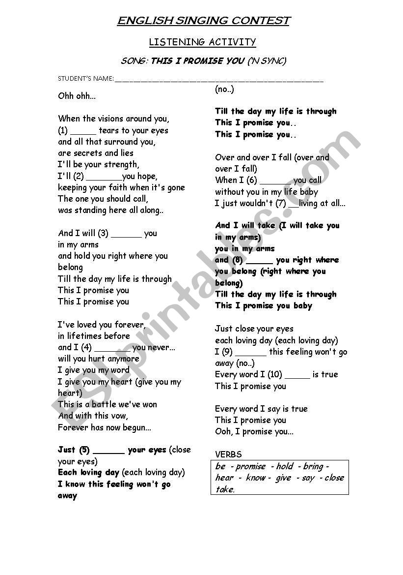 THIS I PROMISE YOU  (song) worksheet