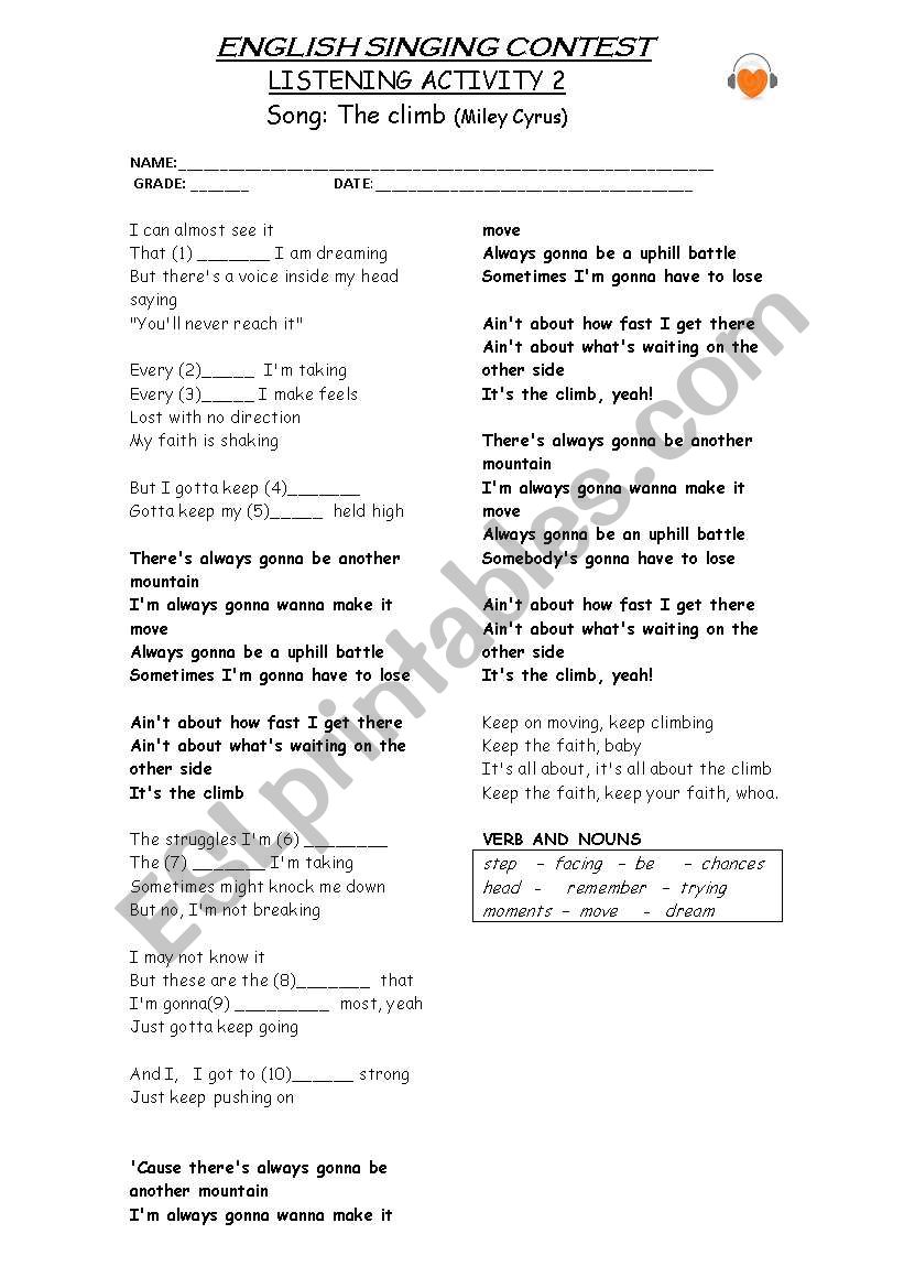 THE CLIMB (Miley Cyrus) worksheet