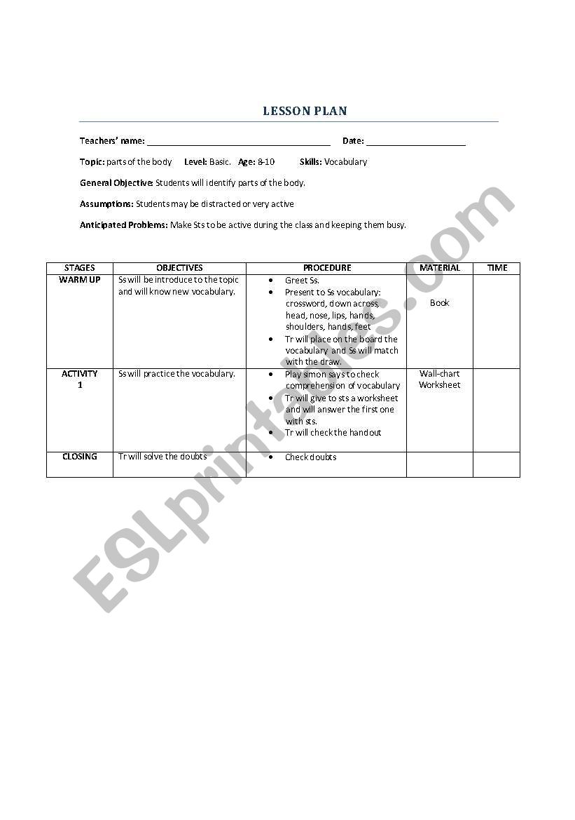 parts of the body worksheet