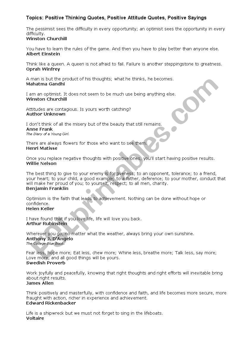 Positive Thinking Quotes worksheet