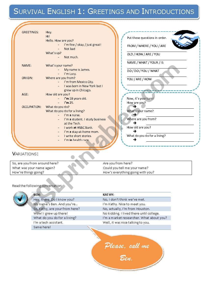 Survival English 1: Greetings, Introductions, and Breaking the Ice