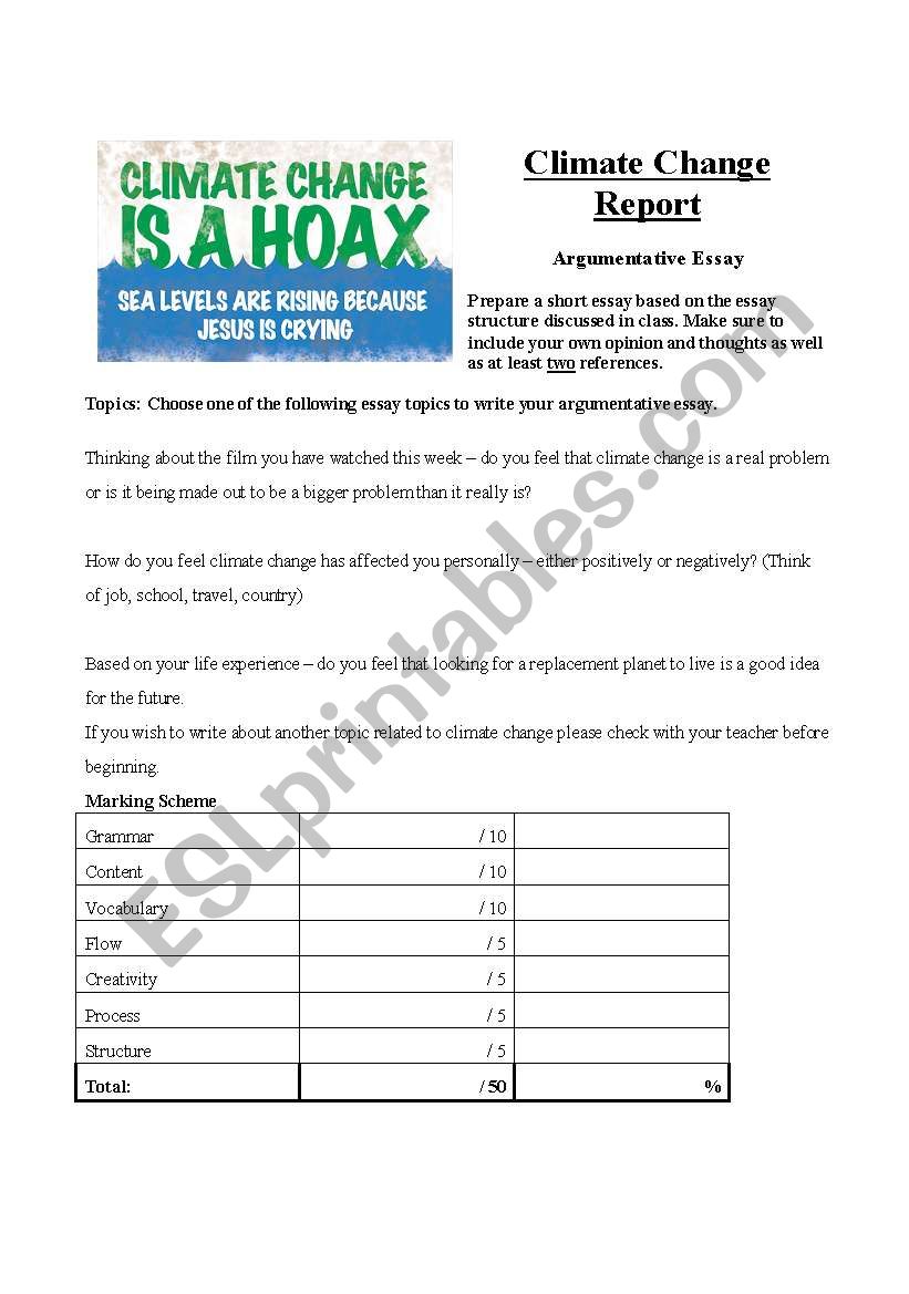 Climate Change Essay Outline worksheet