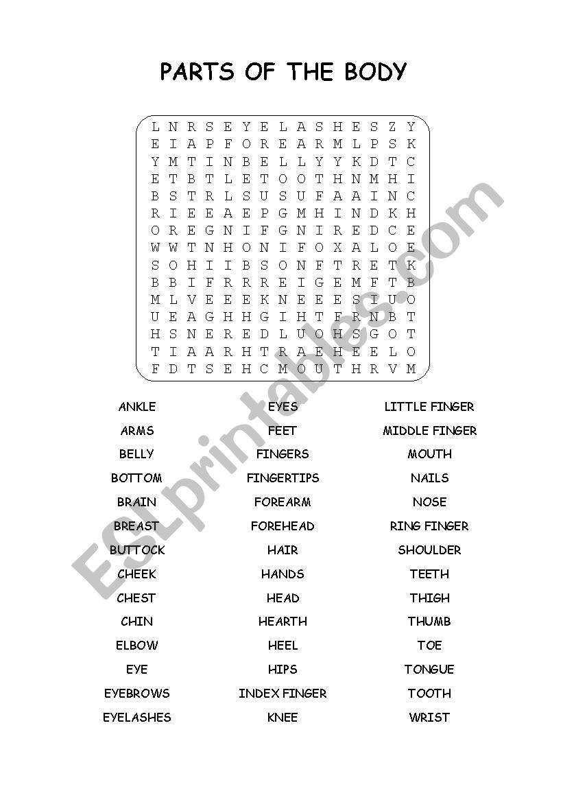 PARTS OF THE BODY: WORDSEARCH worksheet