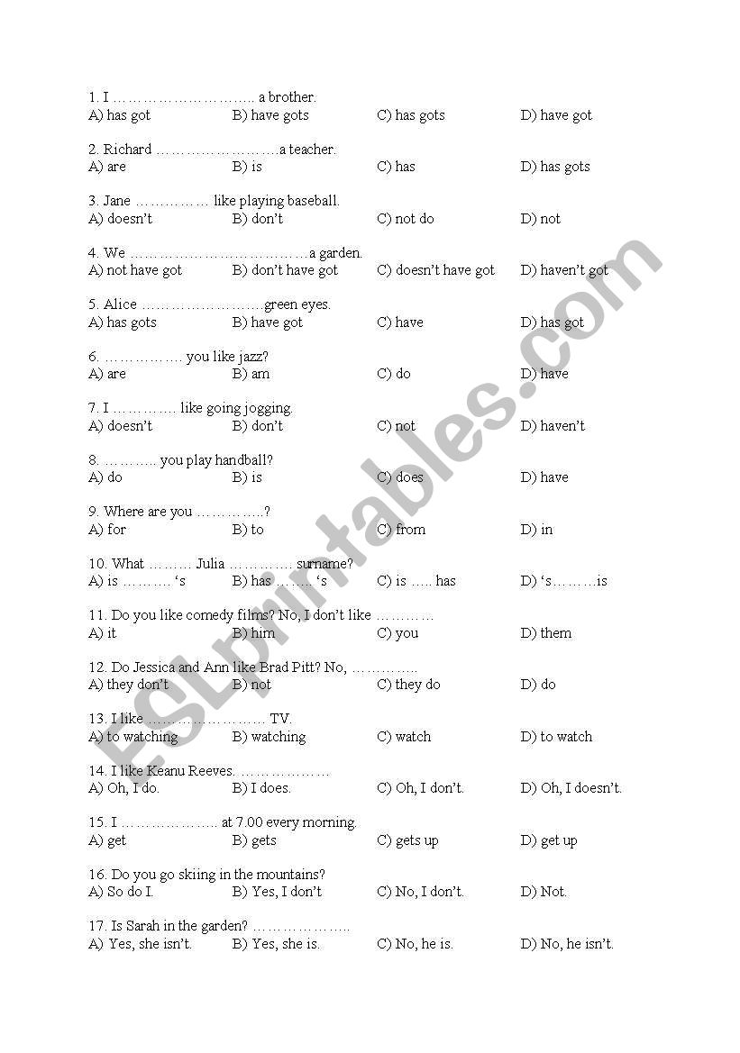 Mulitple choice worksheet