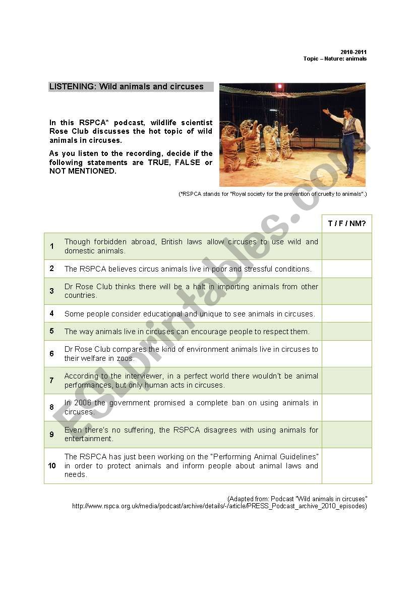 Circuses and animals worksheet
