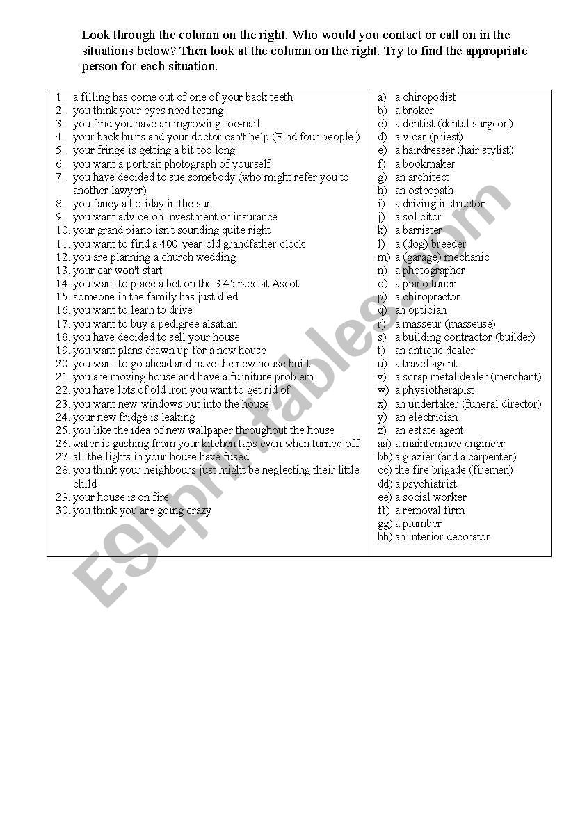 Professions   TASK worksheet