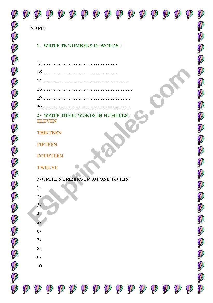 numbers from 1- 20  worksheet