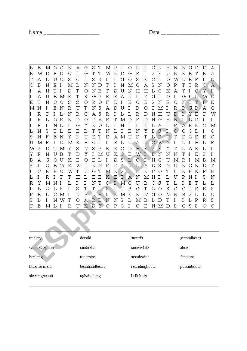 wordsearch fairy story worksheet