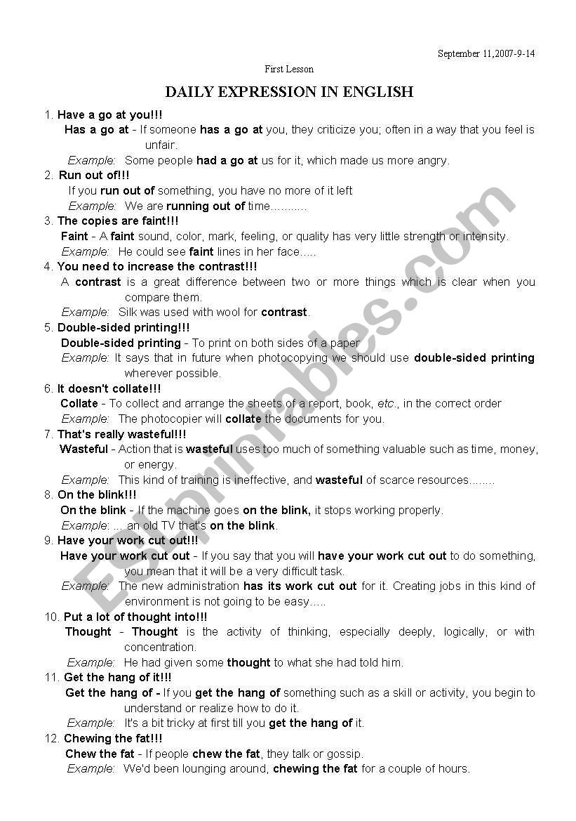 daily expression for esl worksheet