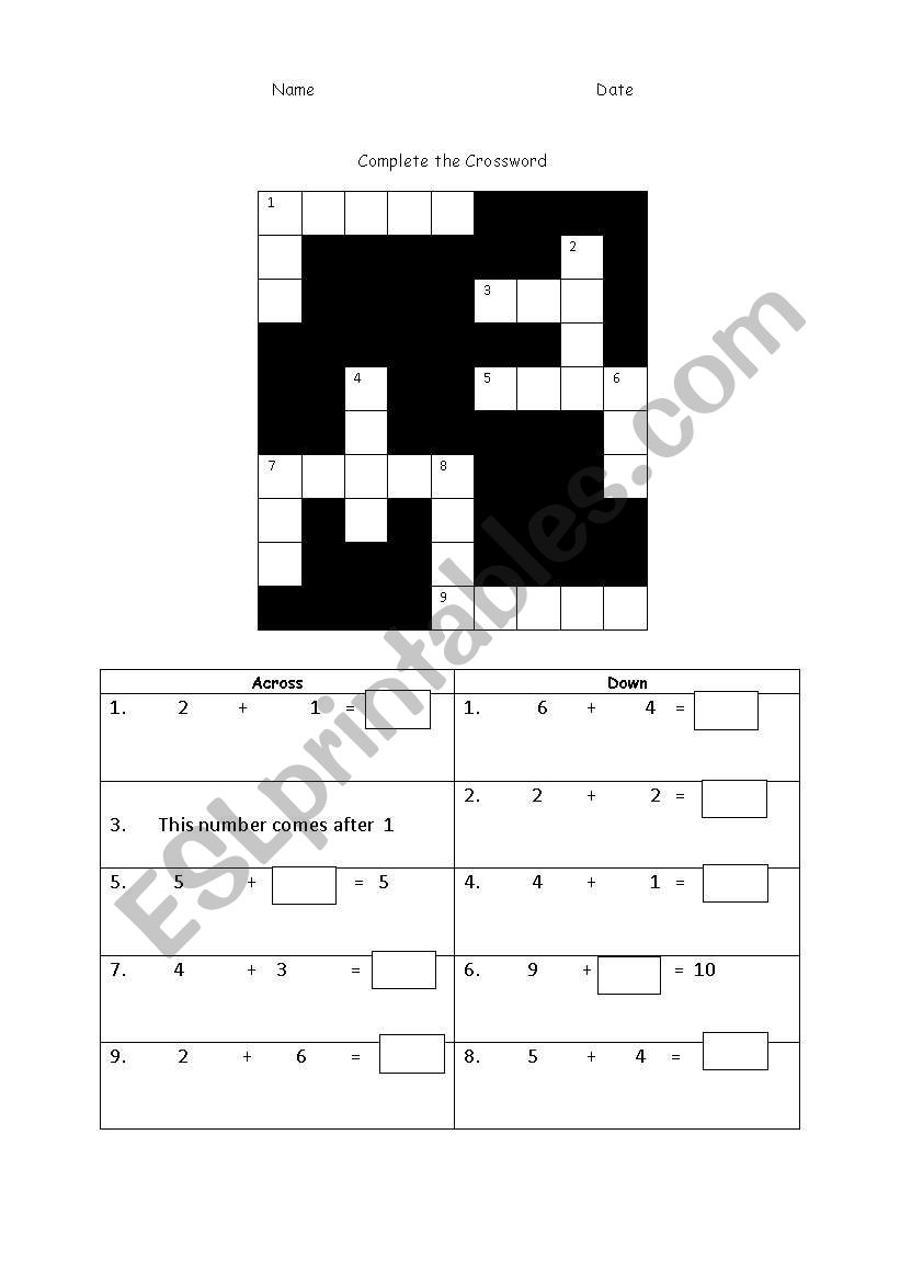 Math Crossword worksheet