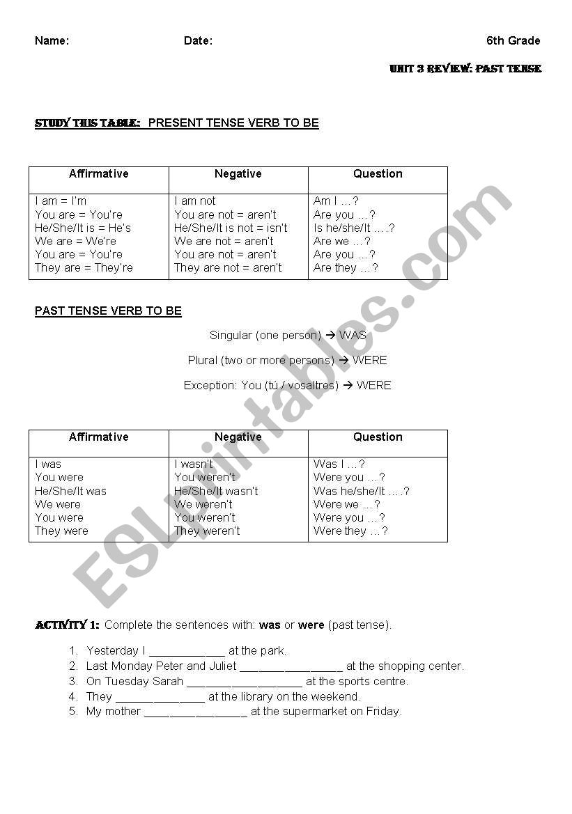 TO BE: PRESENT AND PAST TENSE worksheet