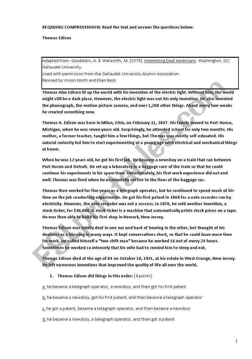 Thomas Ediosn: Reading Comprehension
