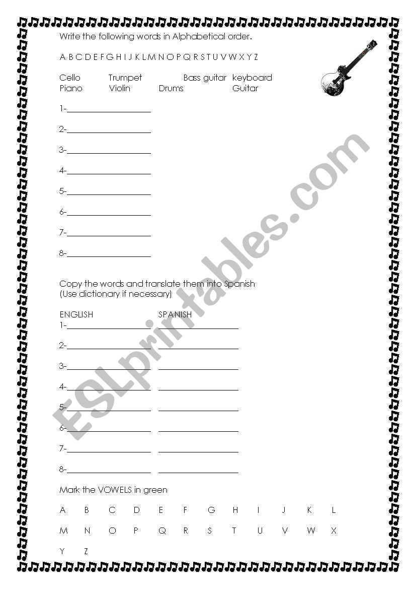 Musical Intrument Vocabulary Exercises Worksheets