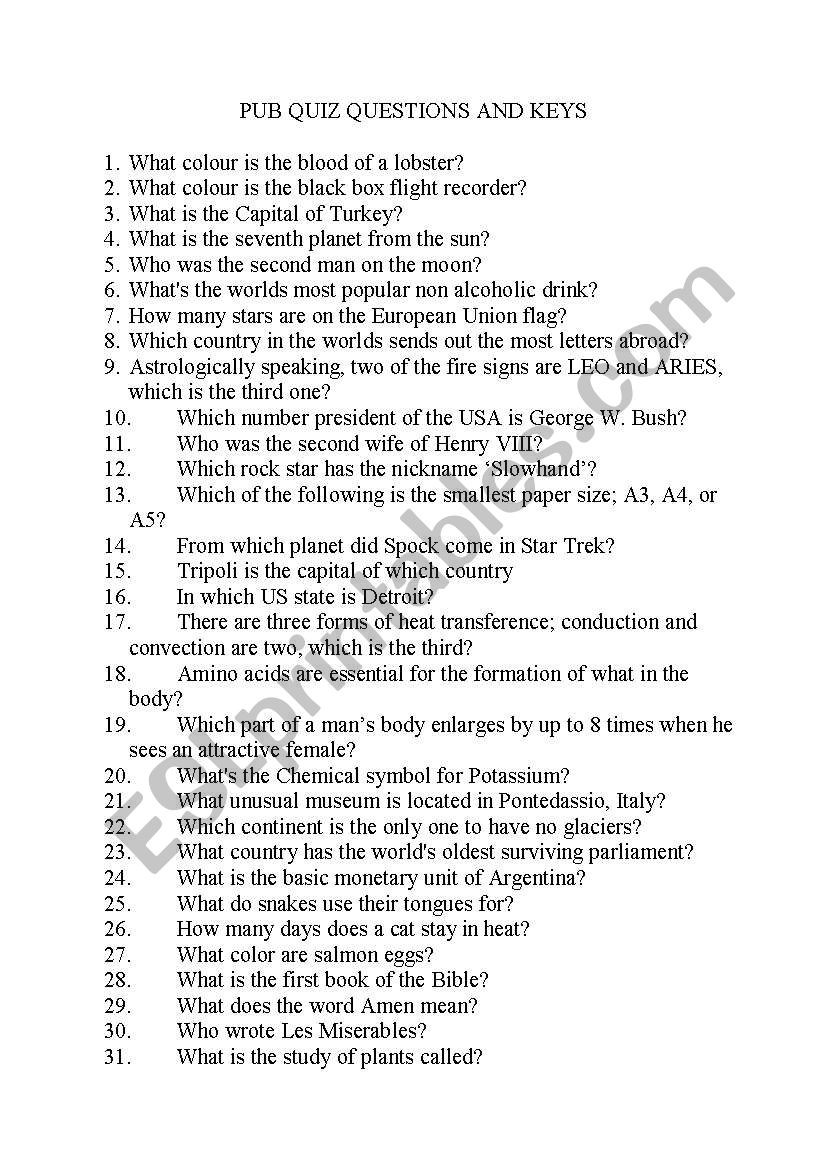 Pub Quiz Questions worksheet