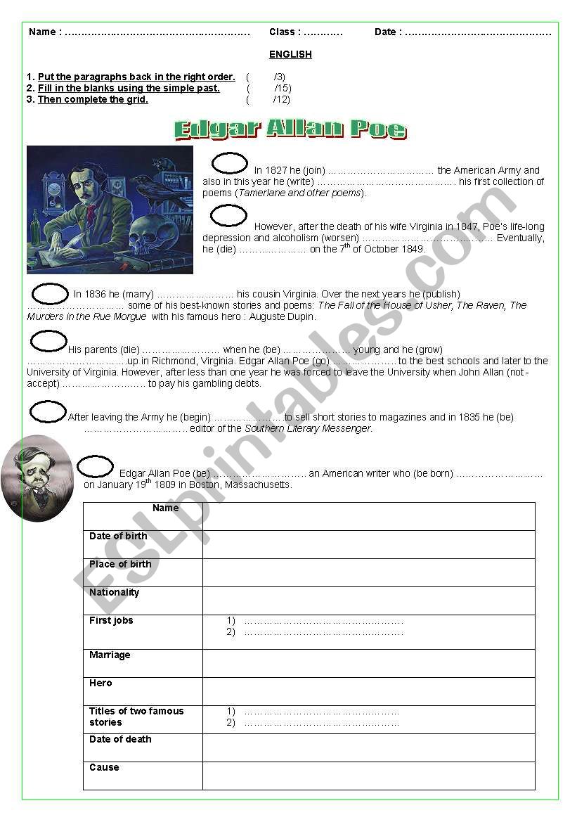 Edgar Allan Poes biography worksheet