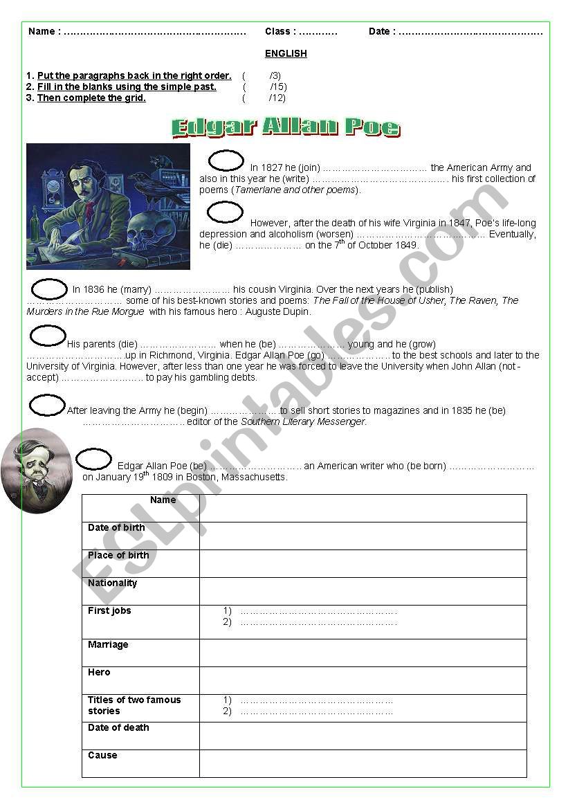 Edgar Allan PoeÂ´s biography worksheet