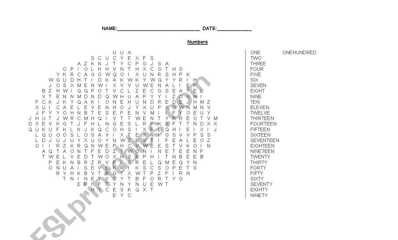 wordsearch cardinal and ordinal numbers