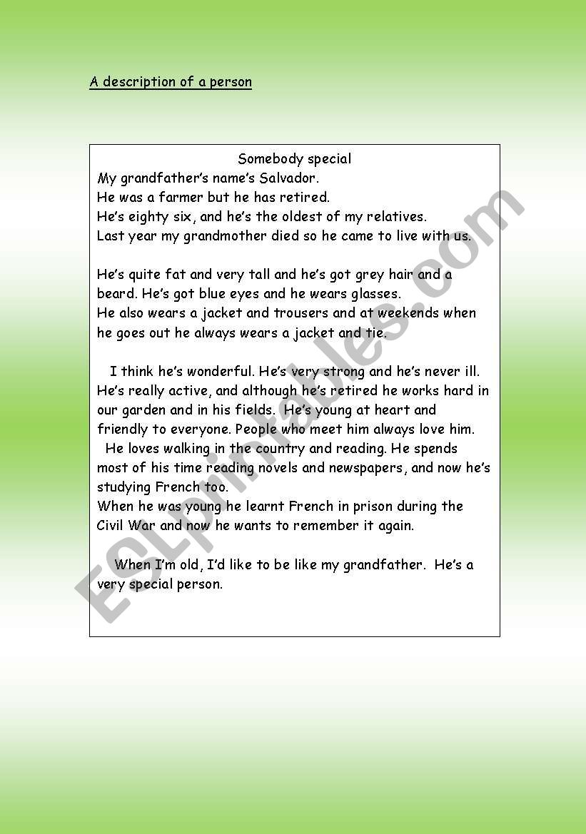 A special person worksheet