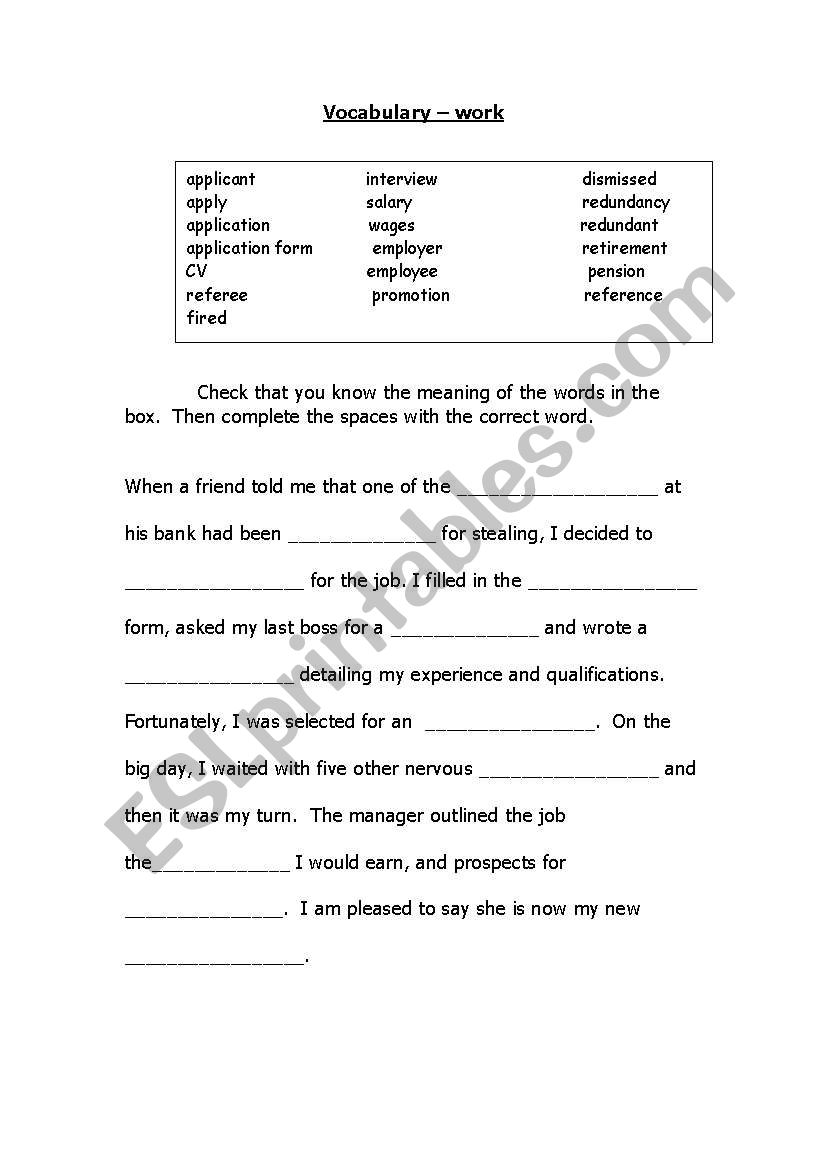 vocabulary for work worksheet