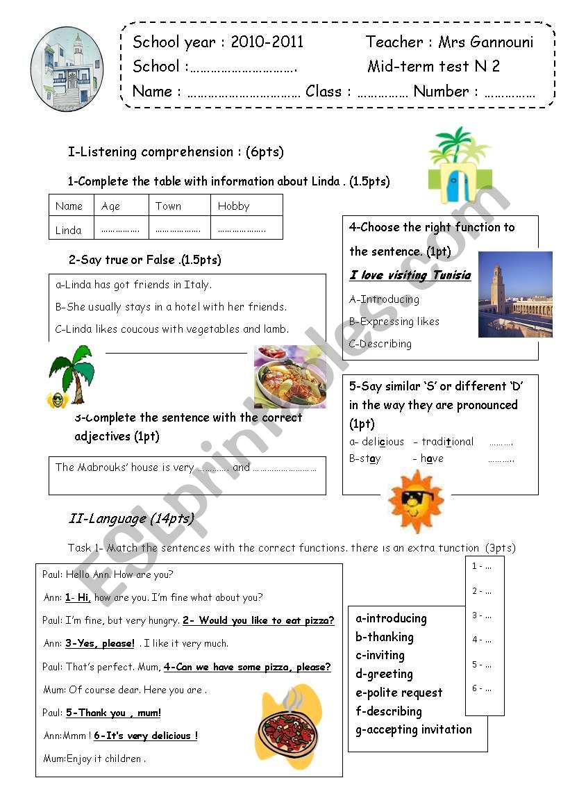 Mid-term 2   7th form  test worksheet